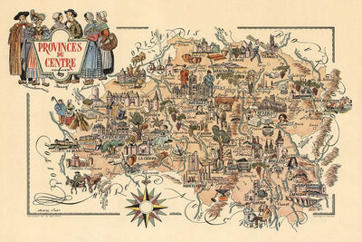 Alte Provinzen der Mitte Piktorialkarte von Liozu, 1951: Orléans, Bourges, Weinberge 