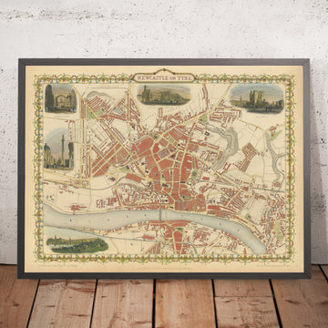 Mappa antica di Newcastle di Tallis, 1851: Ponte ferroviario, Stazione centrale, Castello, Fiume Tyne 