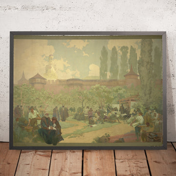A framed image of The Brethren School in Ivancice by Alphonse Mucha, 1914