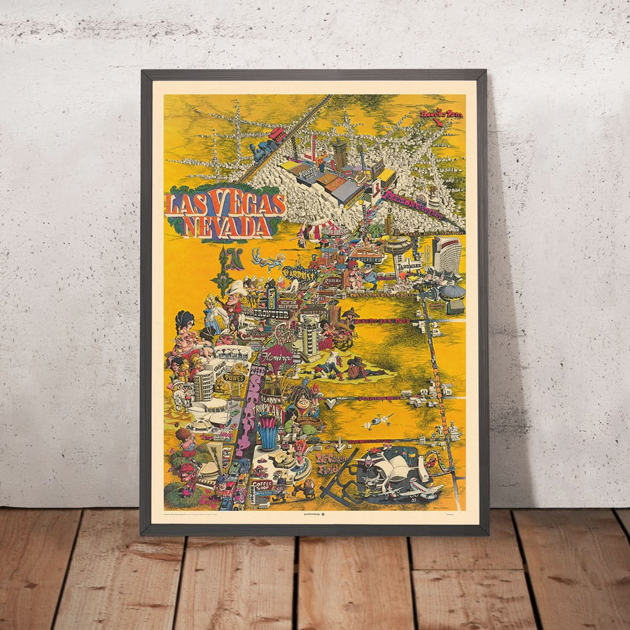 Vecchia mappa pittorica di Las Vegas di Hinton, 1970: The Strip, Caesars Palace, Circus Circus, Fremont St, Centro Congressi 