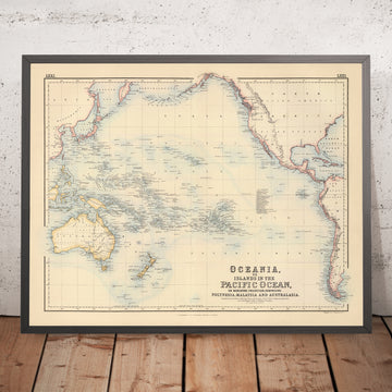 Ancienne carte du Rim Pacifique par Fullarton, 1872 : Polynésie, Australie, Nouvelle-Zélande, Amériques 