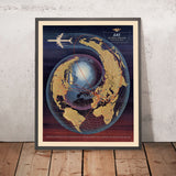 Ancienne carte du monde en projection polaire par SAS, 1960 : design en spirale, itinéraires mondiaux 