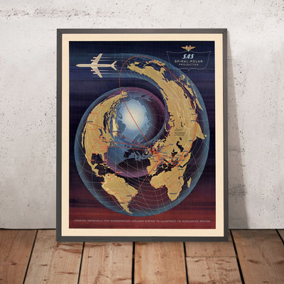 Old Airline Polar Projection World Map by SAS, 1960: Spiral Design, Global Routes