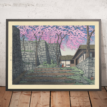 A framed image of Cherry Blossoms at the Ruins of Shirakawa Castle by Hasui Kawase, 1935
