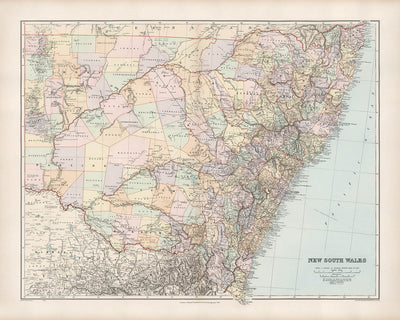 Old Map of New South Wales by Stanford, 1904: Sydney, Newcastle, Wollongong, Railroads
