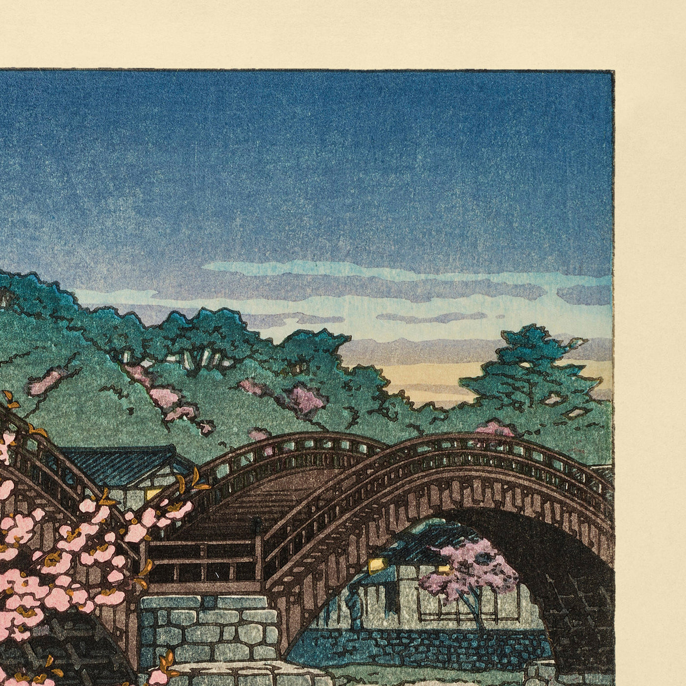 Soirée de printemps, fleurs de cerisier au pont Kintai par Hasui Kawase 1935 