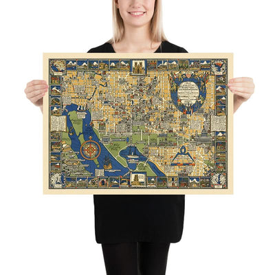 Old Pictorial Map of Washington D.C. by Olsen, 1926: White House, Capitol, Lincoln Memorial, Georgetown, The Mall