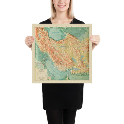 Old Arabic 3D Relief Map of Iran by Aero Service Corporation, 1950: Caspian Sea, Persian Gulf, Oil Regions