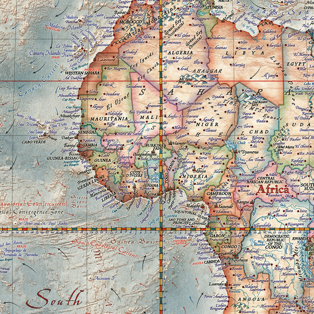 Executive World Map by Ray&Co, 2025: 3D Ocean Relief, Vintage Aesthetic, Every Flag