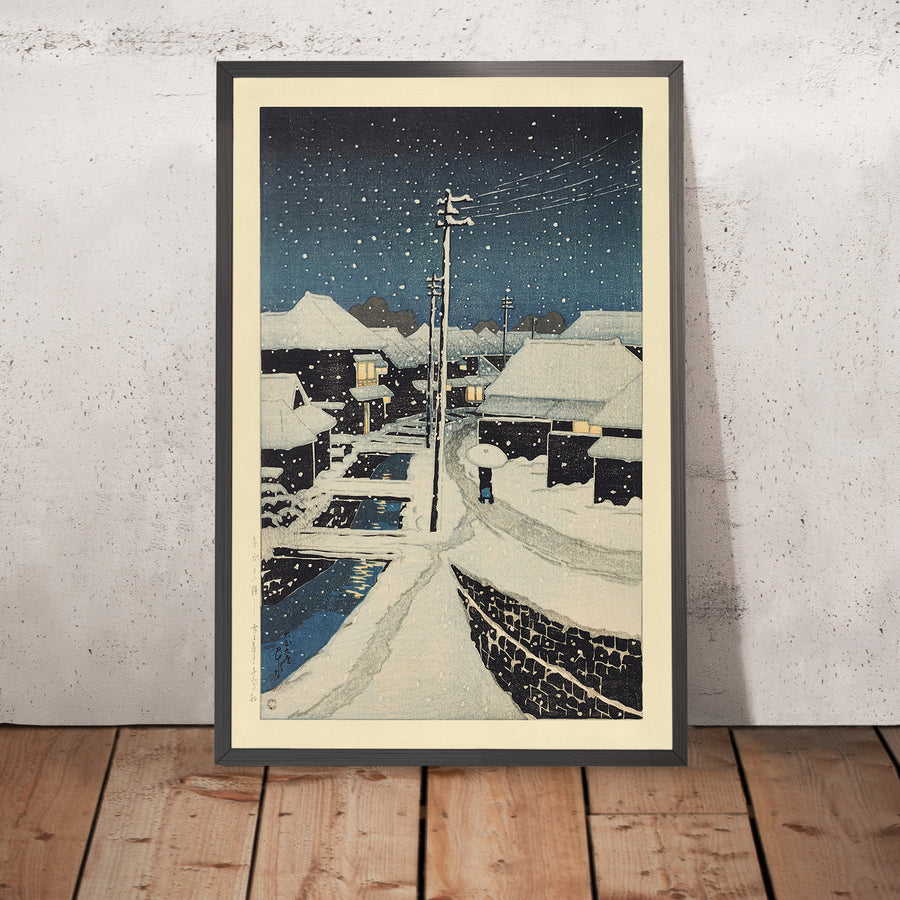A framed image of Evening Snow at Terajima Village by Hasui Kawase, 1935