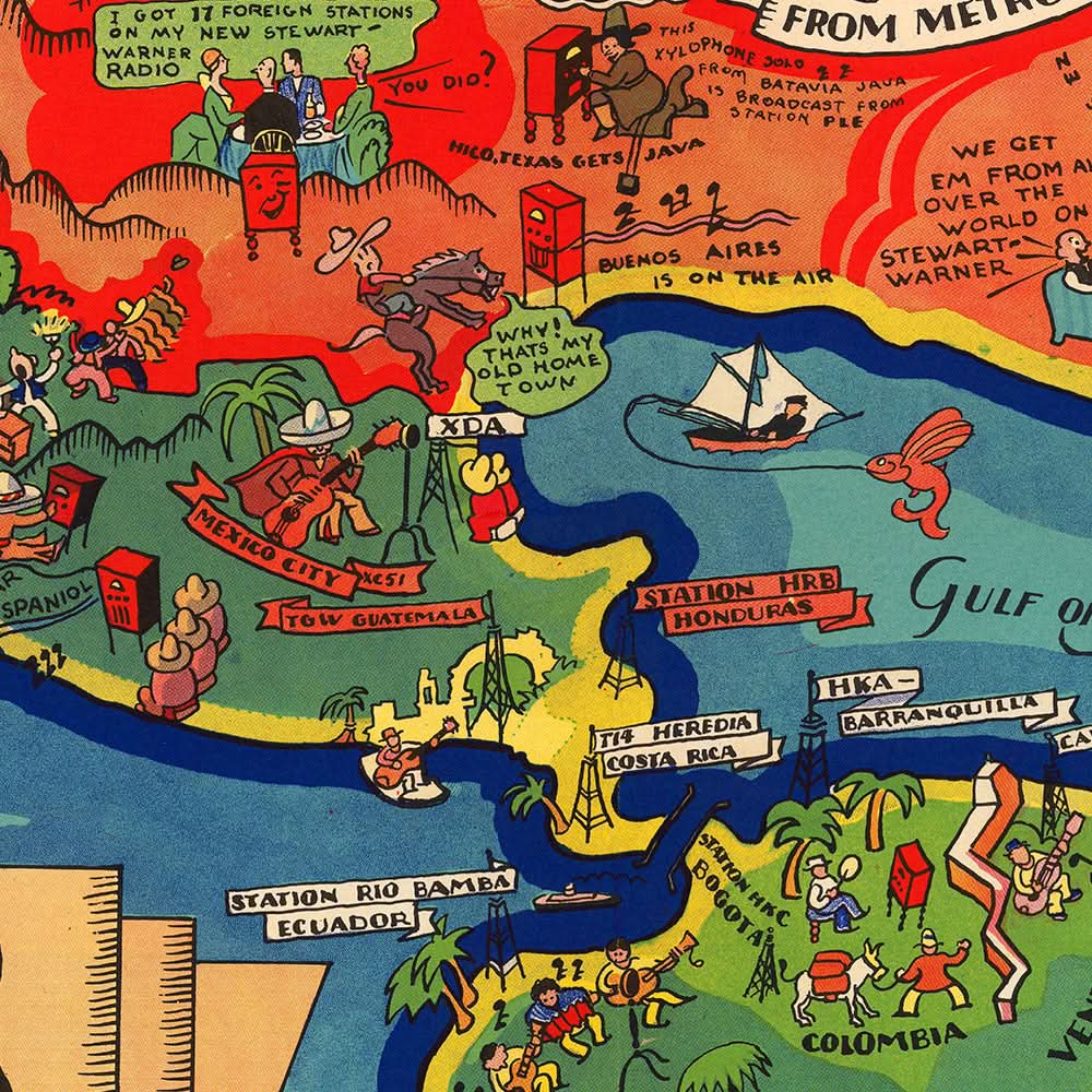 Mapa Mundial de Radio de Onda Corta Antiguo por Turzak, 1932: Comunicaciones Globales 