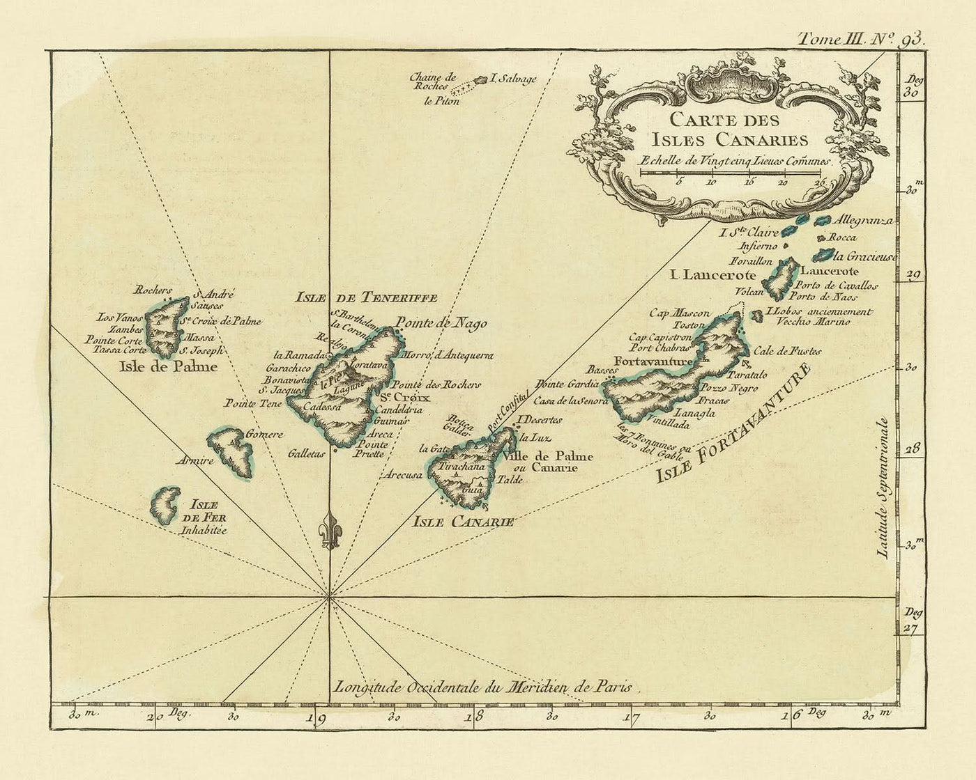 Mapa antiguo de las Islas Canarias de Bellin, 1764: Las Palmas, Santa Cruz, montañas, elementos náuticos, cartela