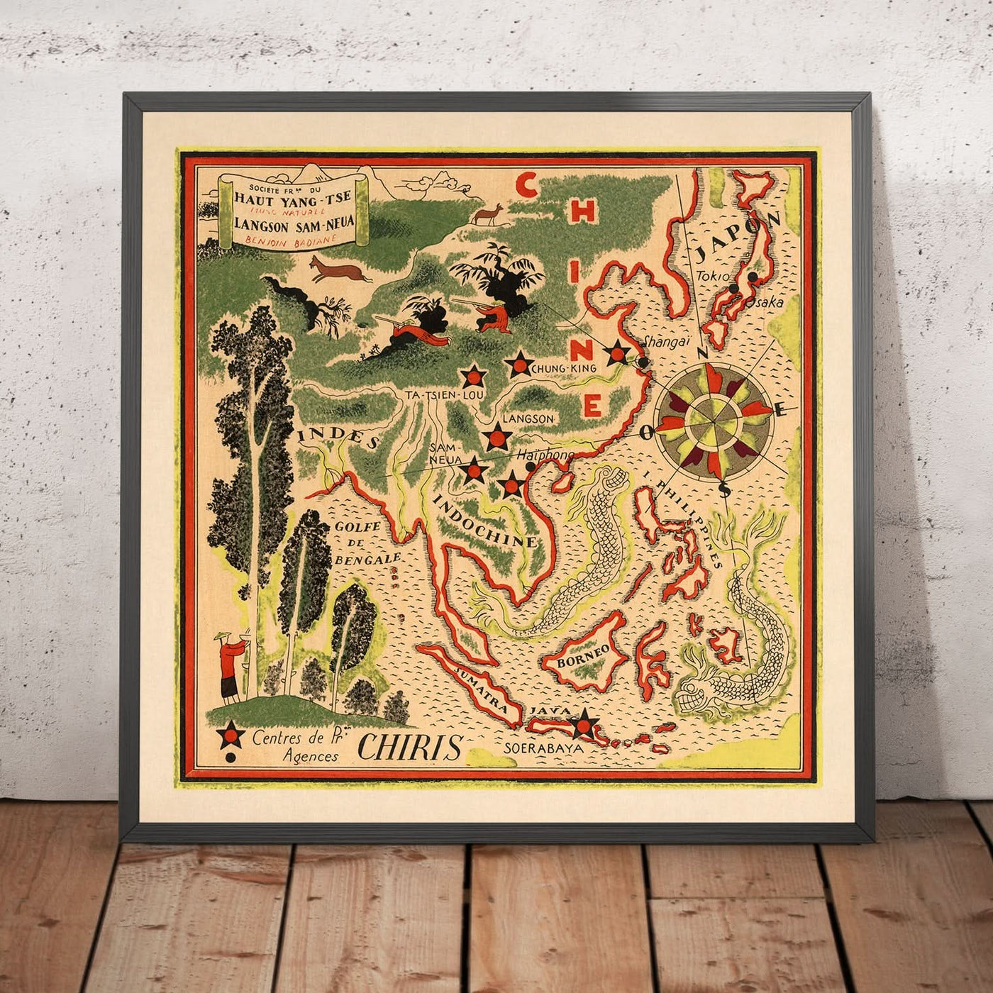 Alter bildlicher Stadtplan von China von Mazuyer, 1931: Shanghai, Drachen, Golf von Bengalen, Indochina 
