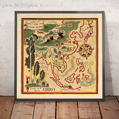 Alter bildlicher Stadtplan von China von Mazuyer, 1931: Shanghai, Drachen, Golf von Bengalen, Indochina 