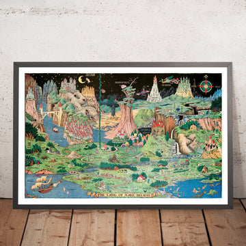 The Land of Make Believe by Hess, 1930: pictorial fairy-tale world, color lithograph, bird&
