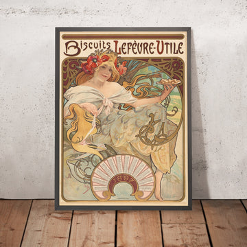 A framed image of Biscuits Lefèvre-Utile by Alphonse Mucha, 1896