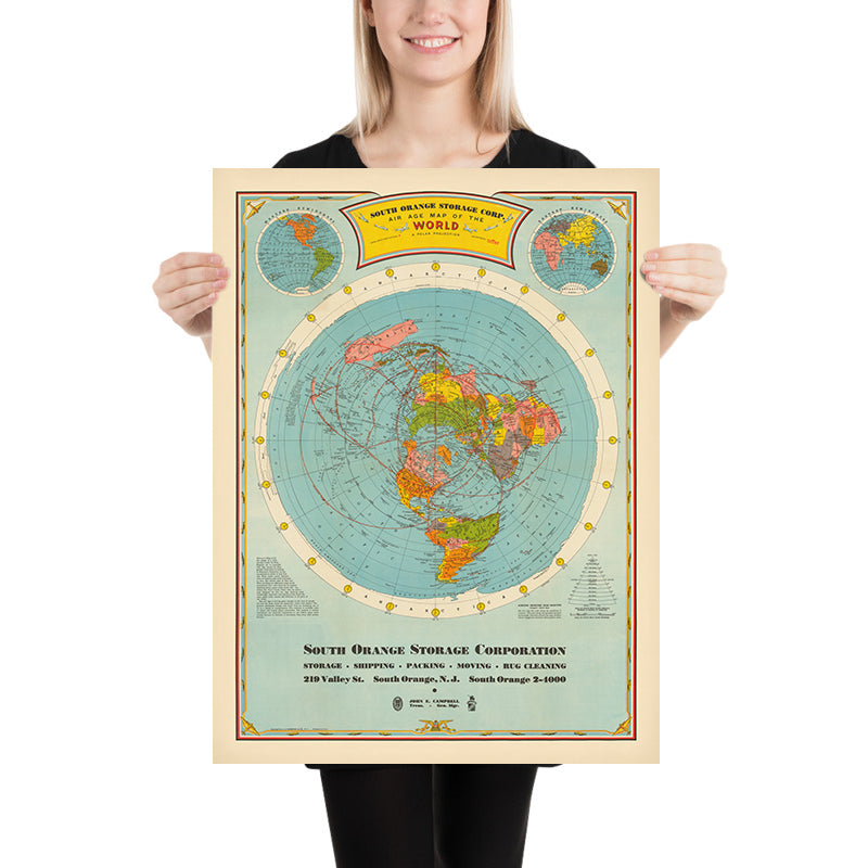 Old Airline Great Circles World Map by Hammond, 1938: Polar Projection "Air Age" Poster