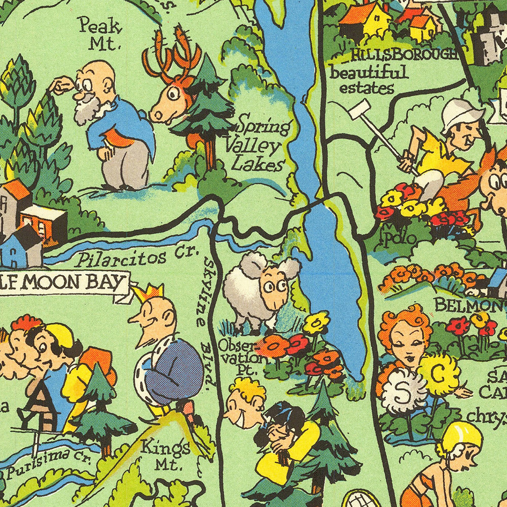 Pictorial Map of San Mateo County, California by Ruth Taylor White, 1930: Southern Pacific Railroad, Crystal Springs Reservoir, Dumbarton Bridge, Redwood City, Half Moon Bay