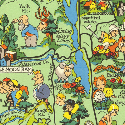 Pictorial Map of San Mateo County, California by Ruth Taylor White, 1930: Southern Pacific Railroad, Crystal Springs Reservoir, Dumbarton Bridge, Redwood City, Half Moon Bay
