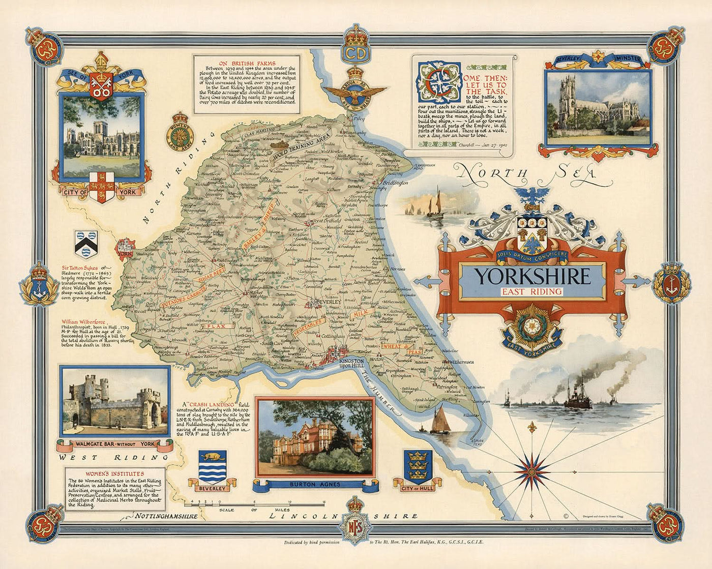 Old Pictorial Map of East Riding of Yorkshire by Clegg, 1946: Hull, Beverley
