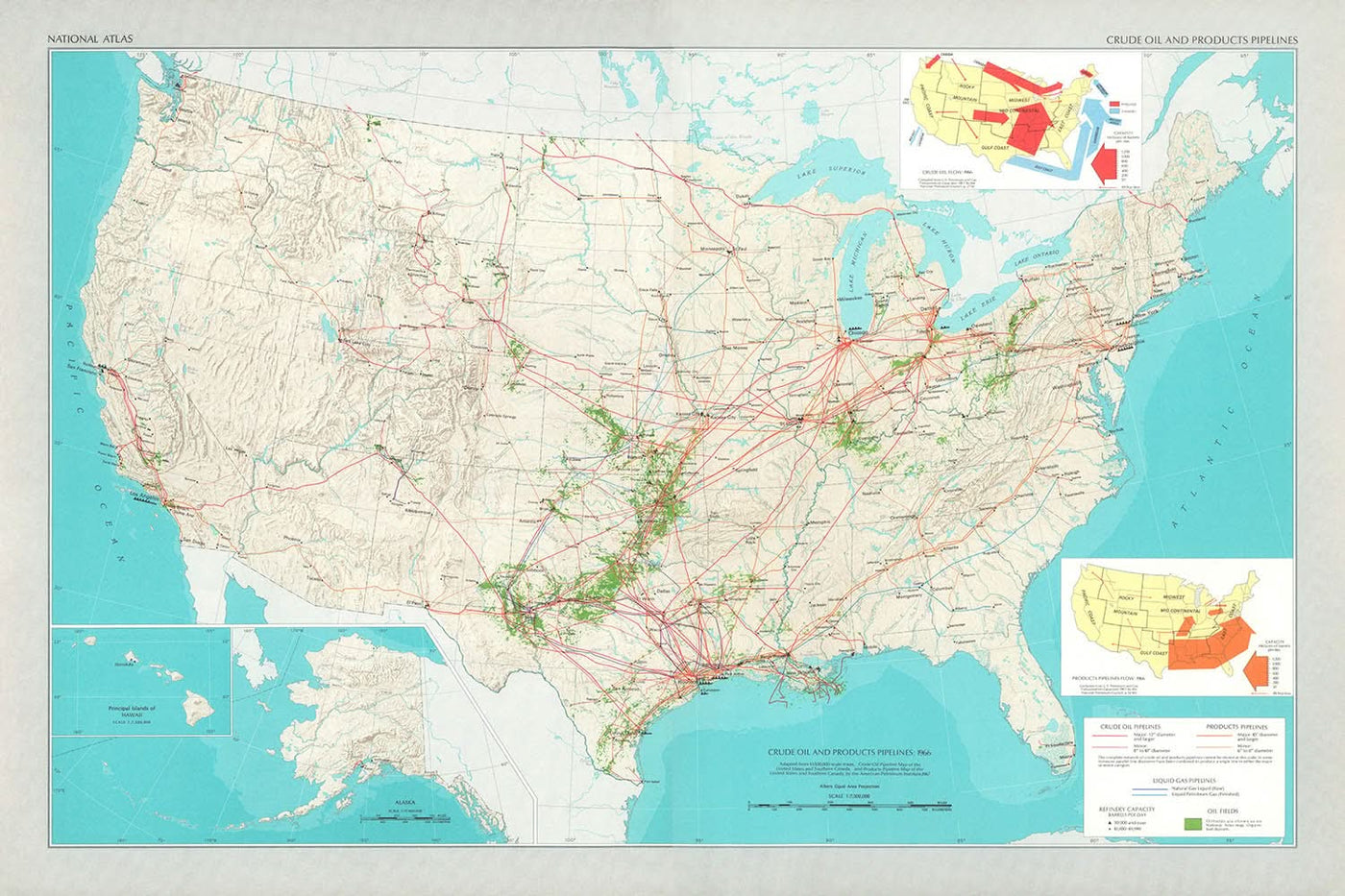 Carte des anciennes infrastructures pétrolières des États-Unis, 1966 : Pipelines, Raffineries, Topographie, Flux de pétrole 