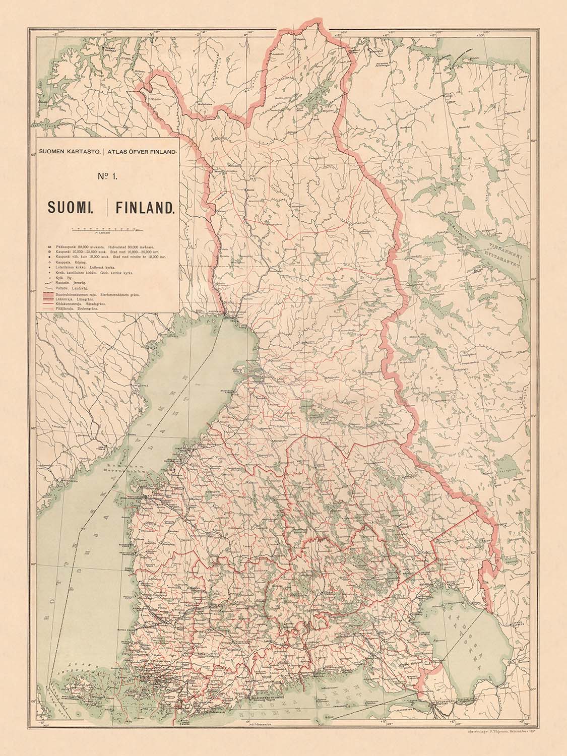 Ancienne carte de la Finlande, 1897 : Helsinki, Tampere, Golfe de Botnie, Chemins de fer, Frontières 