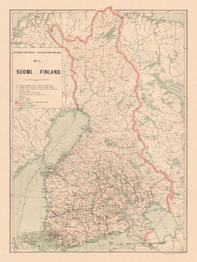Ancienne carte de la Finlande, 1897 : Helsinki, Tampere, Golfe de Botnie, Chemins de fer, Frontières 