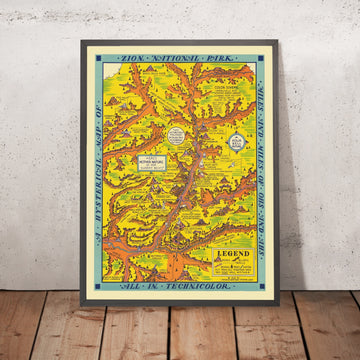Antiguo mapa pictórico de Zion National Park de Lindgren, 1939: Angels Landing, Watchman, Sinawava, Grafton, West Temple 