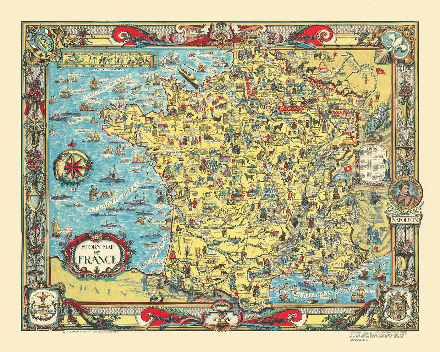 Antigua Mapa Histórico de Francia, 1936: Historias, Batallas, Monumentos, Personas Famosas 