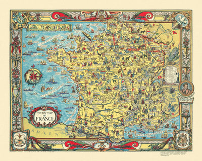 Antigua Mapa Histórico de Francia, 1936: Historias, Batallas, Monumentos, Personas Famosas 