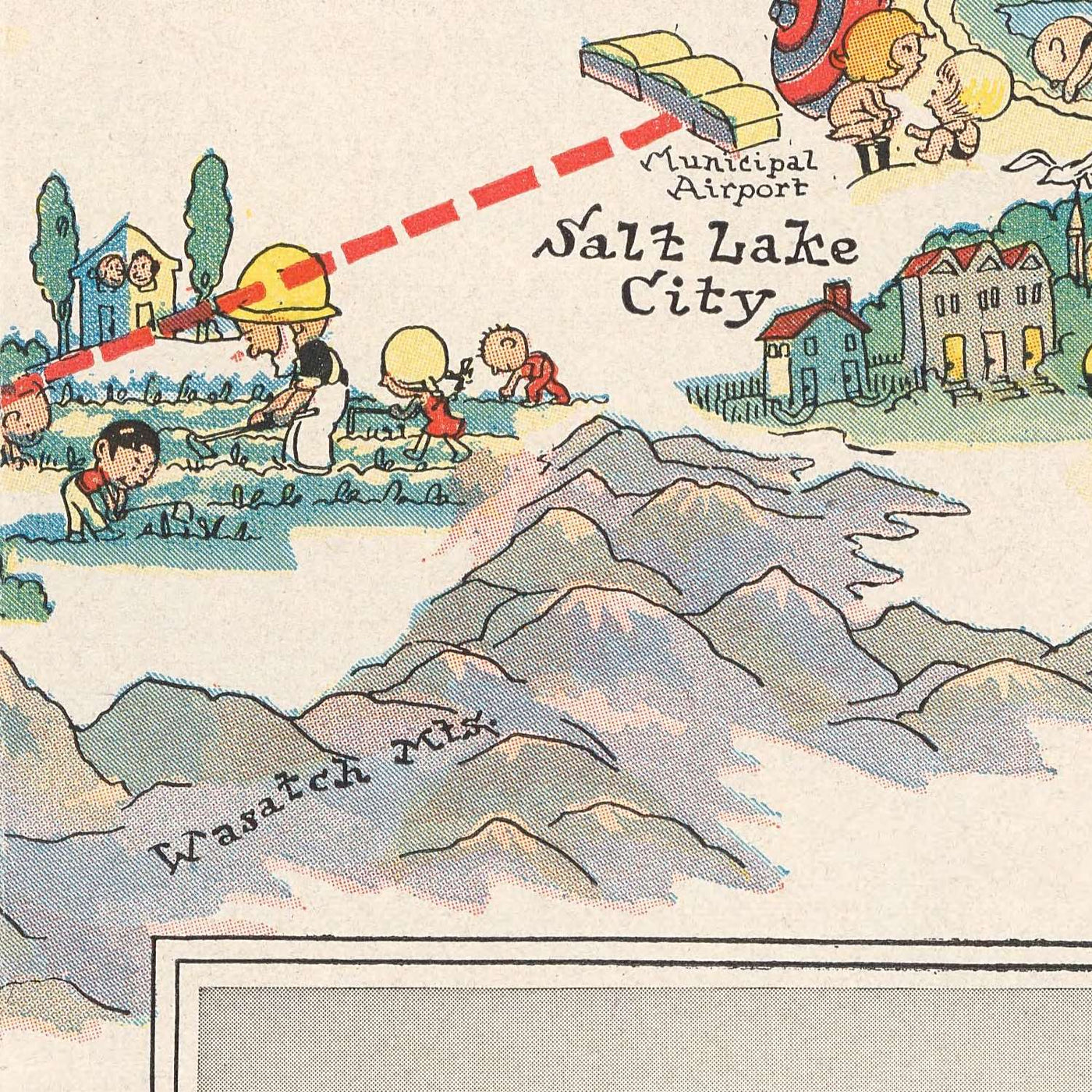 Pictorial Map of Los Angeles–Salt Lake City Air Route, 1929: Western Air Express, Tri-Motored Fokker, Las Vegas, Great Salt Lake, Zion National Park