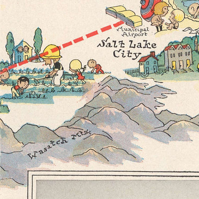 Pictorial Map of Los Angeles–Salt Lake City Air Route, 1929: Western Air Express, Tri-Motored Fokker, Las Vegas, Great Salt Lake, Zion National Park