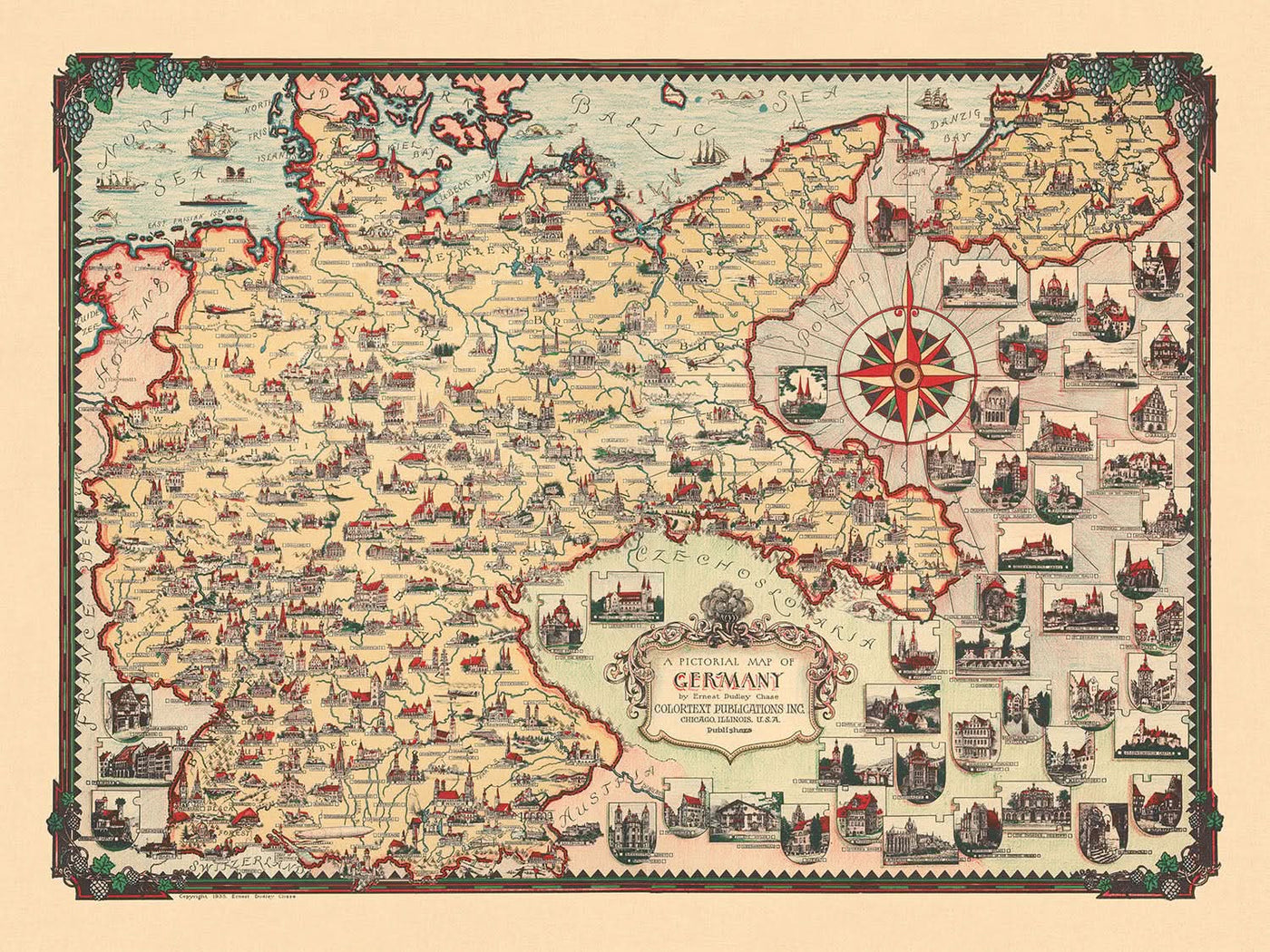 Ancienne carte picturale de l'Allemagne par Chase, 1935 : Berlin, Munich, mer du Nord, monuments, dirigeables 
