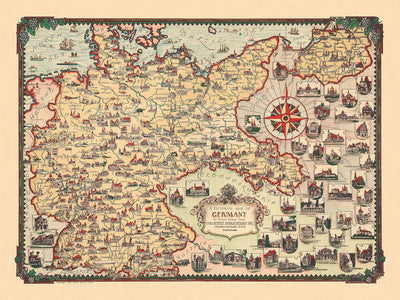 Ancienne carte picturale de l'Allemagne par Chase, 1935 : Berlin, Munich, mer du Nord, monuments, dirigeables 