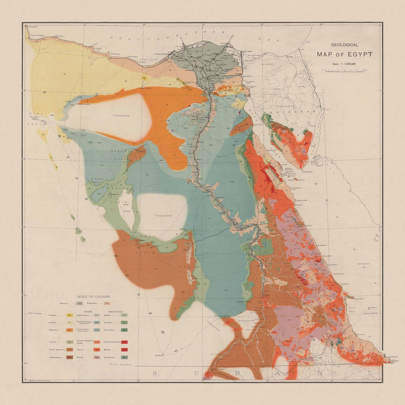 Ancienne carte géologique d'Égypte, 1910 : Nil, mer Rouge, Le Caire, Alexandrie, Suez 