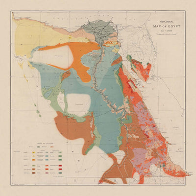Ancienne carte géologique d'Égypte, 1910 : Nil, mer Rouge, Le Caire, Alexandrie, Suez 