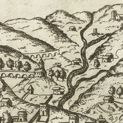 Old Pictorial Map of Genoa by Duchetti, 1584: Harbor, Laterna, Ships