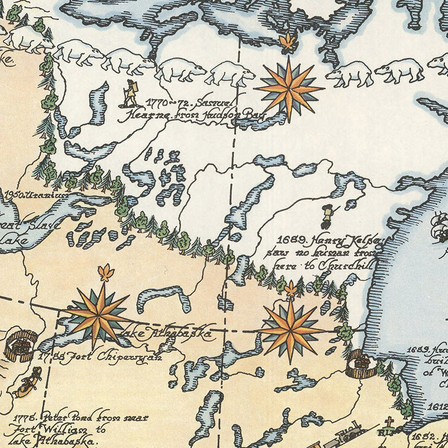Mappa Pittorica Antica del Canada di Furse, 1964: Rocky Mountains, Grandi Laghi, Montreal, Baia di Hudson, Fauna 