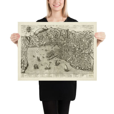Old Pictorial Map of Genoa by Duchetti, 1584: Harbor, Laterna, Ships
