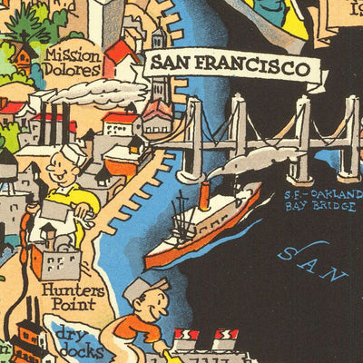 Pictorial Map of San Mateo County, California by Ruth Taylor White, 1930: Southern Pacific Railroad, Crystal Springs Reservoir, Dumbarton Bridge, Redwood City, Half Moon Bay