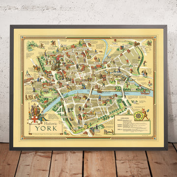 Antiguo mapa pictórico de York de Clark, 1947: York Minster, Clifford&