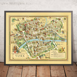 Antiguo mapa pictórico de York de Clark, 1947: York Minster, Clifford's Tower, Shambles, Monk Bar, Jorvik 
