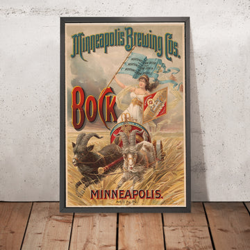 A framed image of Minneapolis Brewing Co. Vintage Bock Beer Poster, 19th Century