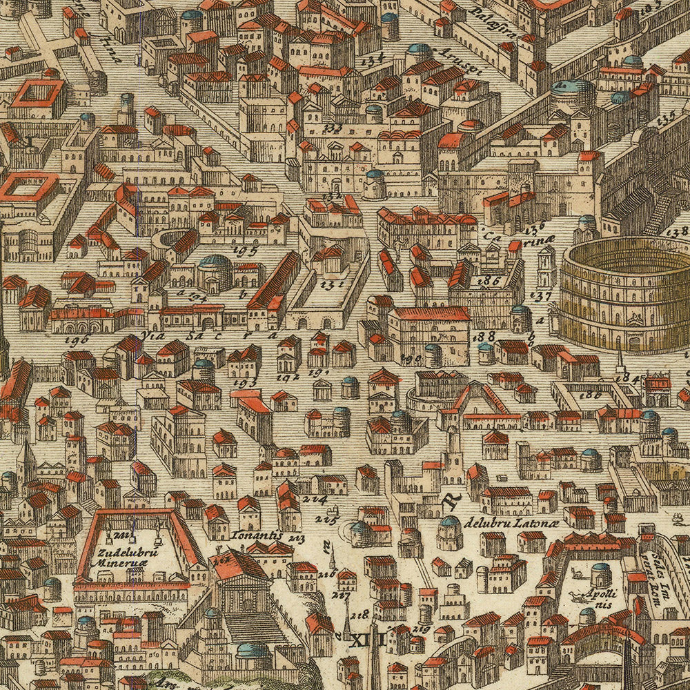 Old Pictorial Map of Ancient Rome, 1696: Tiber River, Colosseum, Circus Maximus, Pantheon, Roman Forum