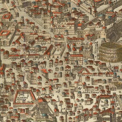 Old Pictorial Map of Ancient Rome, 1696: Tiber River, Colosseum, Circus Maximus, Pantheon, Roman Forum