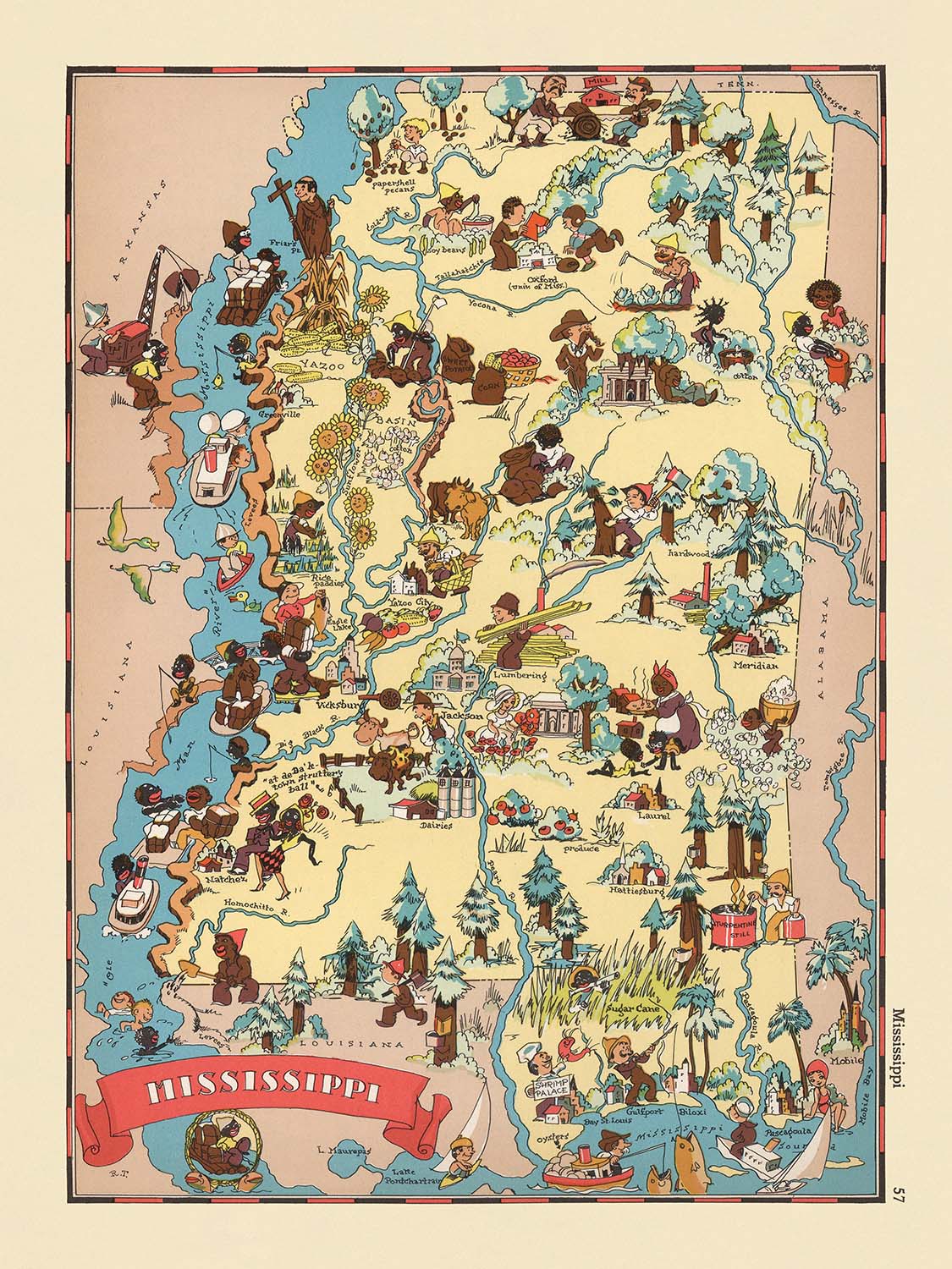 Pictorial Map of Mississippi by Ruth Taylor White, 1935: Jackson, Gulfport, Mississippi River, Cotton Fields, Riverboats