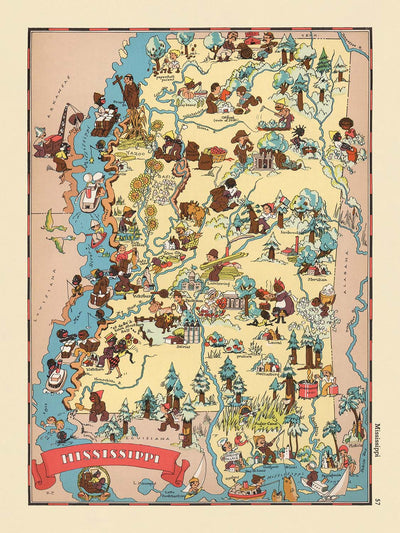 Pictorial Map of Mississippi by Ruth Taylor White, 1935: Jackson, Gulfport, Mississippi River, Cotton Fields, Riverboats