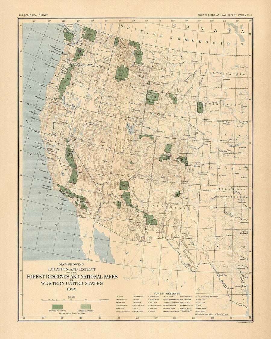 Mappa antica delle foreste e dei parchi nazionali negli Stati Uniti occidentali a cura dell&