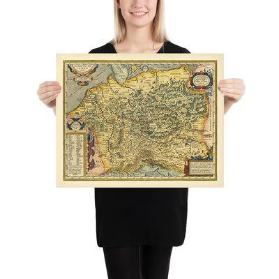 Mapa antiguo de Alemania y Polonia por Ortelius, 1624: Rin, Danubio, Mar del Norte, Bosques 