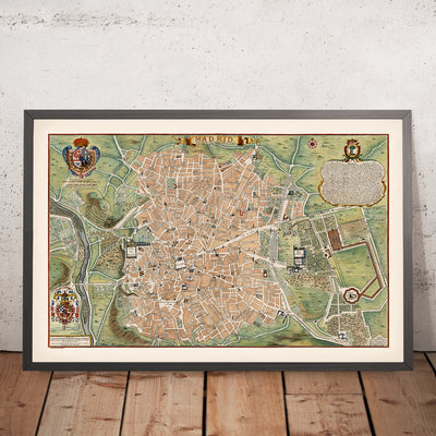 Antigua Mapa de Madrid por de Fer, 1705: Palacio Real, Calle Mayor, Campo Grande, Escudos de Armas, Iglesias 